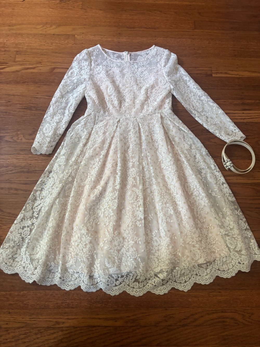 Women’s Light Peach Pink Lace Midi Dress with 3/4 Sleeves- Korean brand